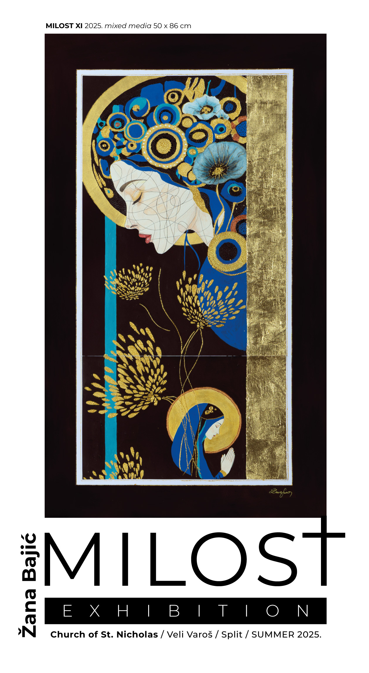 Milost exhibition poster by Žana Bajić, showing mother and child with golden halos, held at Church of St. Mikula, Split.